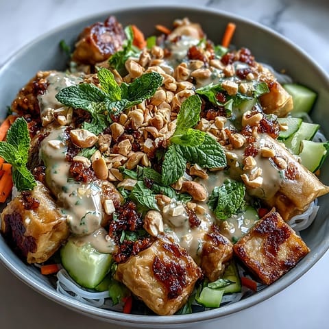 A vibrant bowl of rice noodles, crisp veggies, and tofu, drizzled with rich peanut sauce for a fresh Asian-inspired meal.  