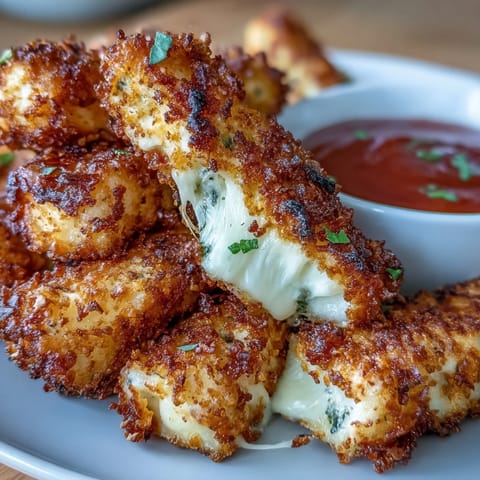 Crispy air fryer mozzarella sticks with golden breadcrumb coating served with zesty marinara dip for dipping.  
