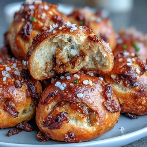 Soft and chewy sourdough pretzel bites filled with sweet caramelized onions, ideal for appetizers or game-day gatherings.  