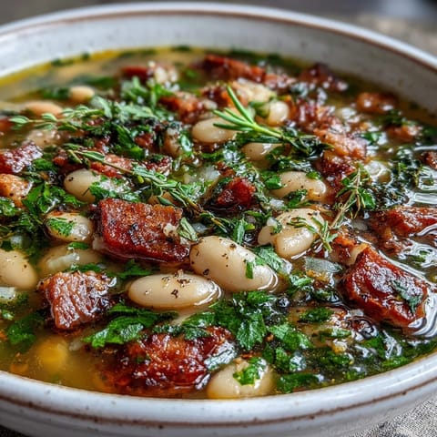Hearty ham and cannellini bean soup with fresh parsley, thyme, and rosemary in a rustic bowl.