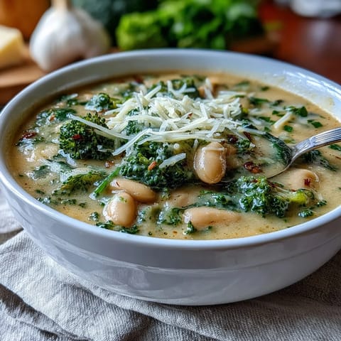 Creamy Broccoli and Cheddar Bean Soup in a white bowl with steam rising, garnished with extra shredded cheddar and steamed broccoli florets.