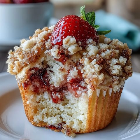Golden crumble-topped strawberry muffins bursting with fresh berries and fragrant lemon zest for a sweet morning treat.  