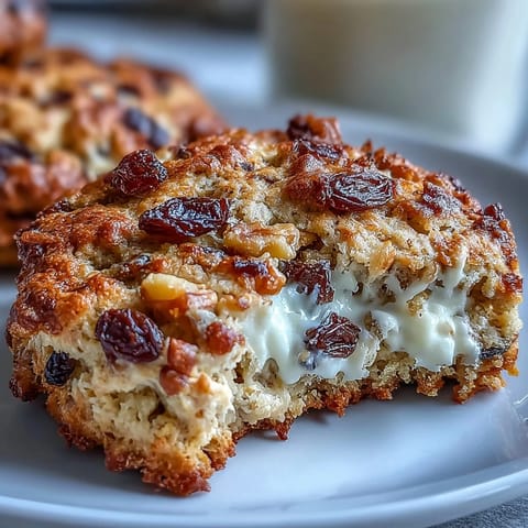 A tray of soft, protein-packed cottage cheese oatmeal raisin breakfast cookies, golden and dotted with sweet raisins.