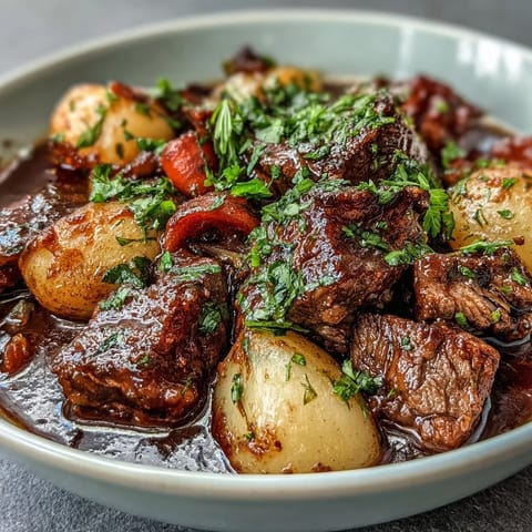 A slow cooker filled with hearty beef stew, featuring melt-in-your-mouth beef, root vegetables, and fragrant herbs simmering together.