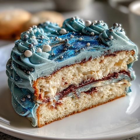 Pisces-Themed Galaxy Cake with Edible Glitter - A stunning, celestial layer cake featuring swirls of blue and purple buttercream, shimmering edible glitter, and moist vanilla sponge.