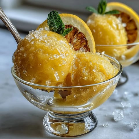 Creamy limoncello sorbet with a vibrant citrus aroma, served in chilled glasses for a refreshing summer treat.