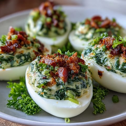 Vibrant green spinach deviled eggs with crispy ham, a playful twist on a classic appetizer for festive gatherings.