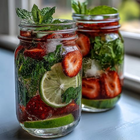Refreshing spring mojito pitcher with mint, lime, and strawberries, perfect for garden parties and alcohol-free celebrations.