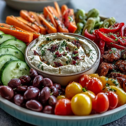 Colorful Chicken Run veggie tray with ranch hummus dip, perfect for kids and parties.