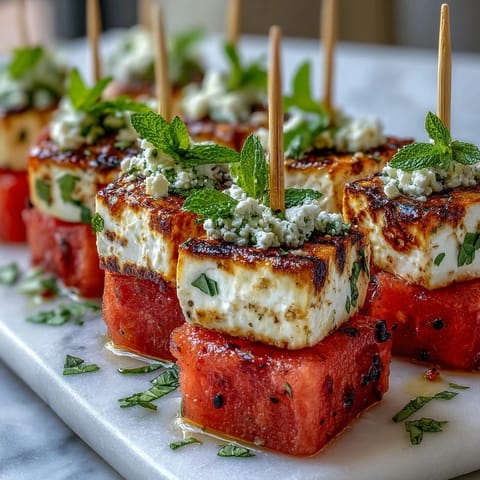 Colorful watermelon feta mint skewers on wooden picks, perfect for summer parties or healthy snacking.  