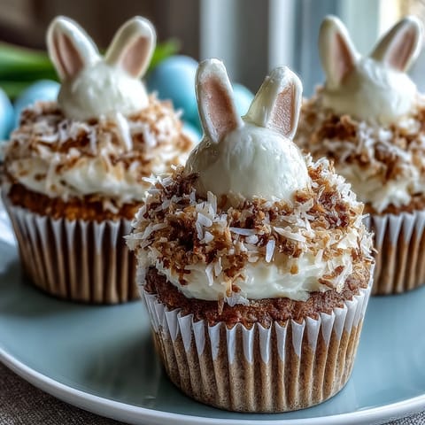 Fluffy Easter cupcakes topped with shredded coconut and marshmallow bunny tails for a festive dessert.