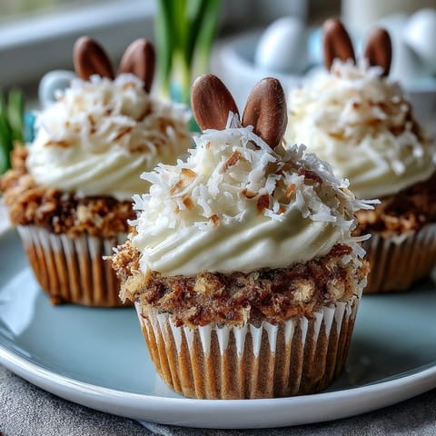 Sweet vanilla cupcakes rolled in coconut, featuring adorable marshmallow bunny tails perfect for Easter celebrations.