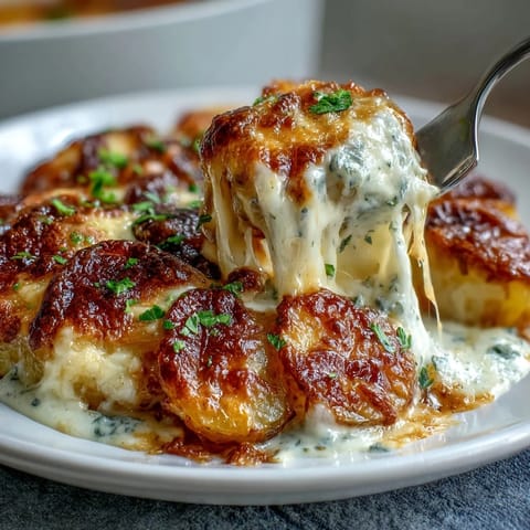 Creamy Au Gratin Potatoes: decadent French side dish with Gruyère and Parmesan cheese, perfect for holiday meals.