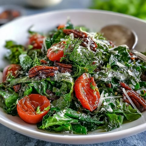 Fresh dandelion greens salad with lemon vinaigrette and Parmesan shavings, topped with cherry tomatoes and toasted pine nuts for a zesty Mediterranean side dish.