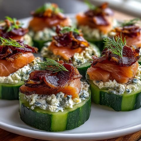 Cucumber bites with cream cheese and smoked salmon, arranged on a white platter with dill and capers for a fresh appetizer.