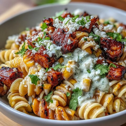 Vibrant Mexican Street Corn Elote Pasta Salad with charred corn, creamy lime dressing, and cotija cheese in a colorful bowl.