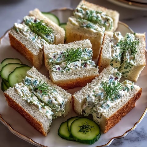 Creamy cucumber and dill Benedictine tea sandwiches on white bread, garnished with fresh herbs for a Southern Derby party.