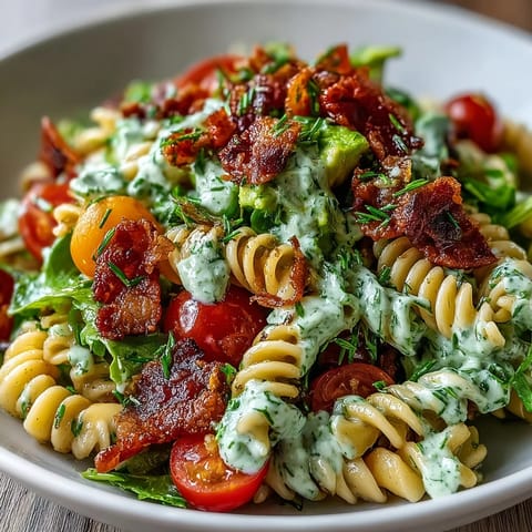 Vibrant BLT pasta salad with crispy bacon, juicy tomatoes, and creamy avocado ranch dressing, served in a white bowl.  