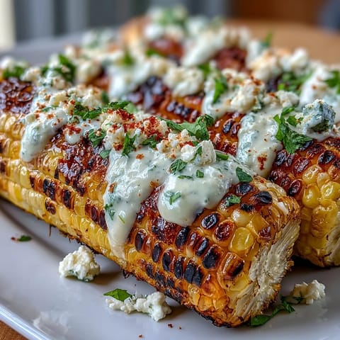 Smoky grilled corn coated in tangy mayonnaise-lime sauce, topped with cheese and cilantro.