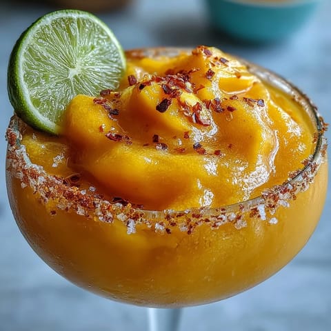 Frozen mango margarita mocktail in a salt-rimmed glass with lime wedge and vibrant orange hue.