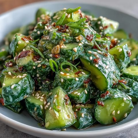 A vibrant smashed cucumber and avocado salad with sesame, featuring fresh herbs and a nutty sesame dressing.