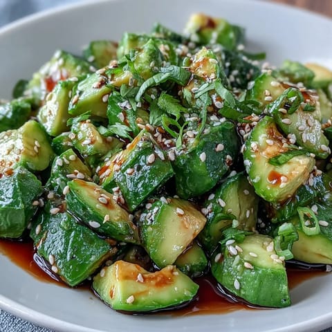 Creamy avocado and crisp smashed cucumbers tossed in a tangy sesame-ginger dressing for a refreshing, easy salad.