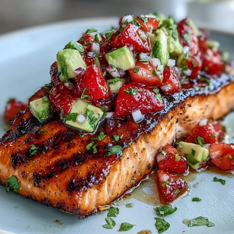 Grilled salmon fillet with strawberry avocado salsa, garnished with cilantro and lime wedges for a fresh, summery main dish.  