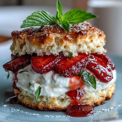 Strawberry Basil Shortcake Biscuits with whipped cream and fresh basil leaves on a rustic wooden table.