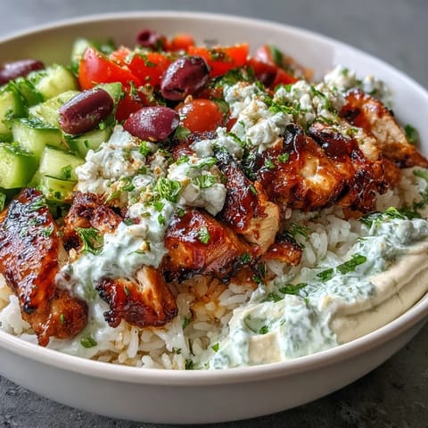 Vibrant Greek Chicken Bowls loaded with fresh veggies, creamy tzatziki, and hummus.