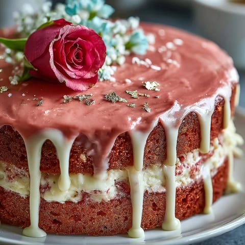 Elegant Bridal Shower Rosé Velvet Cake with shimmering gold drip details.