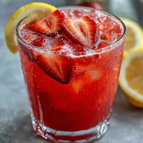 Vibrant Juneteenth Red Drink: Hibiscus Strawberry Lemonade, bursting with fruity, tart flavors.