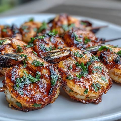 Grilled Honey Garlic Shrimp Skewers glistening with sweet glaze, ready for grilling.