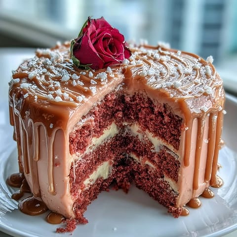 Elegant blush Rosé Velvet Cake with creamy frosting and a shimmering gold drip.