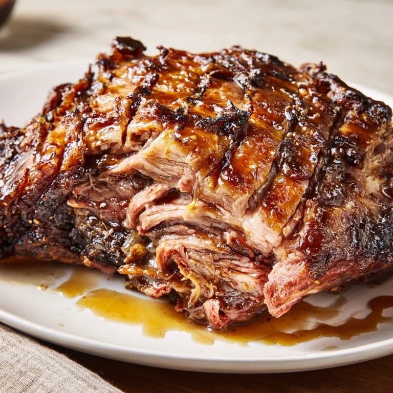 Golden-brown Slow-Roasted Pork Shoulder topped with rich cider glaze, perfect for a fall feast.