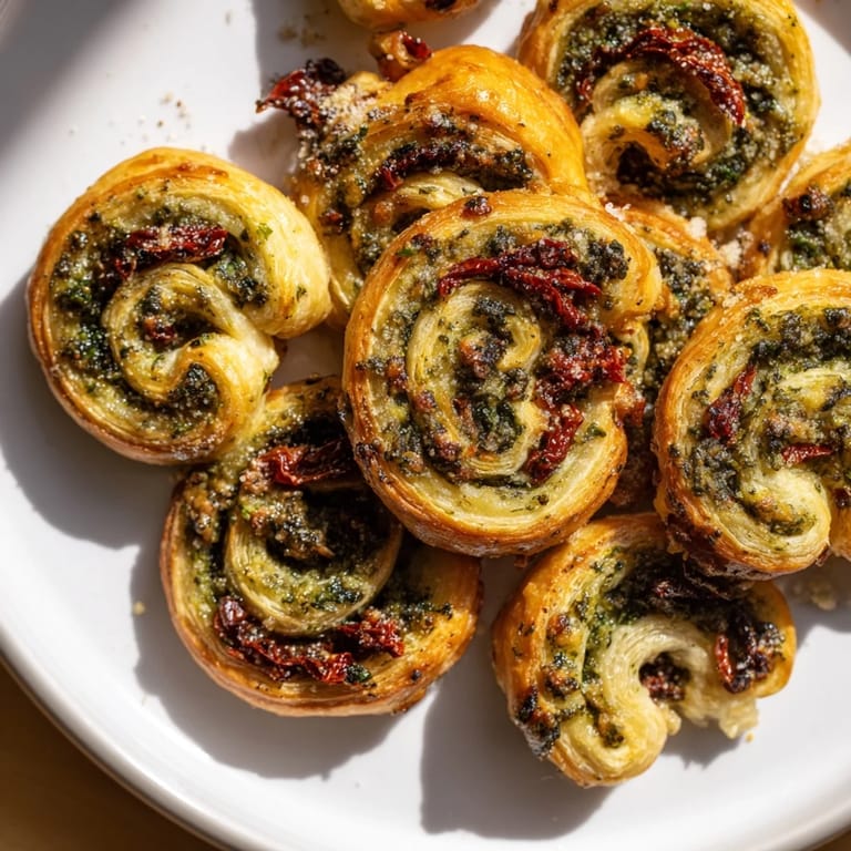 Beautifully swirled Savory Sun-Dried Tomato and Pesto Palmiers, offering a burst of savory flavor in every bite.