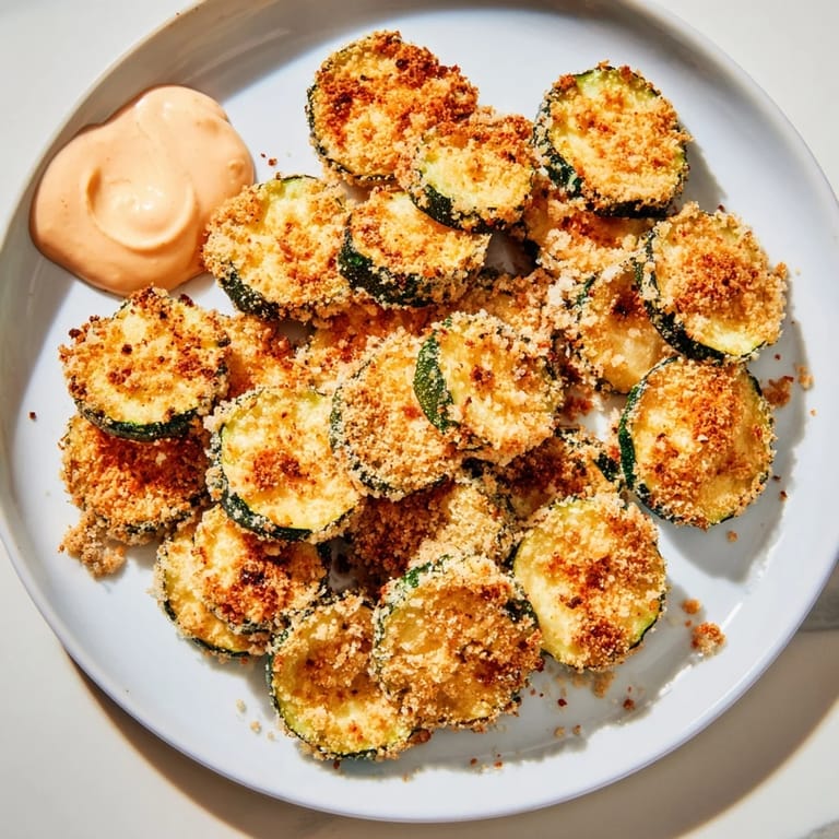Oven-baked and breaded zucchini rounds: imagine the texture, served with a zesty, homemade spicy mayo.