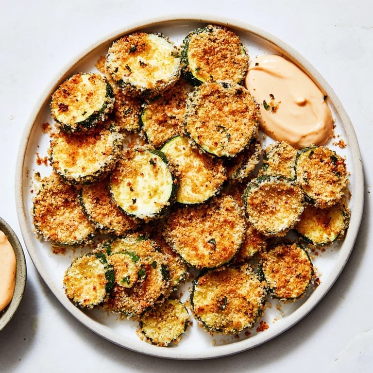 Freshly prepared, crispy baked zucchini rounds feature perfectly seasoned breading and a bold dipping sauce.