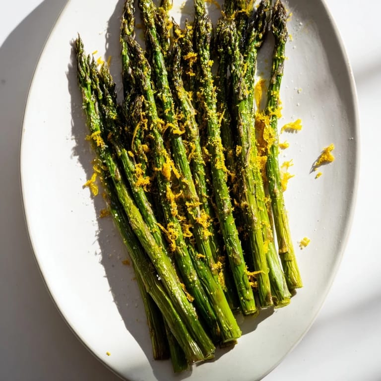 Vibrant photo: perfectly roasted asparagus, topped with tangy lemon zest and Parmesan, ready to eat.