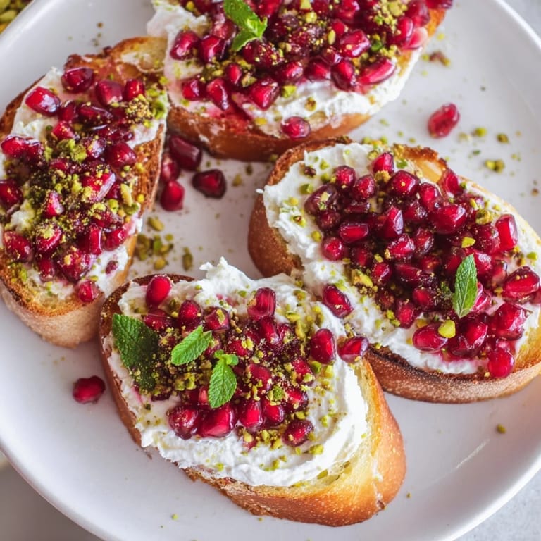 Bright red pomegranate seeds sparkle atop the creamy goat cheese in these festive crostini.