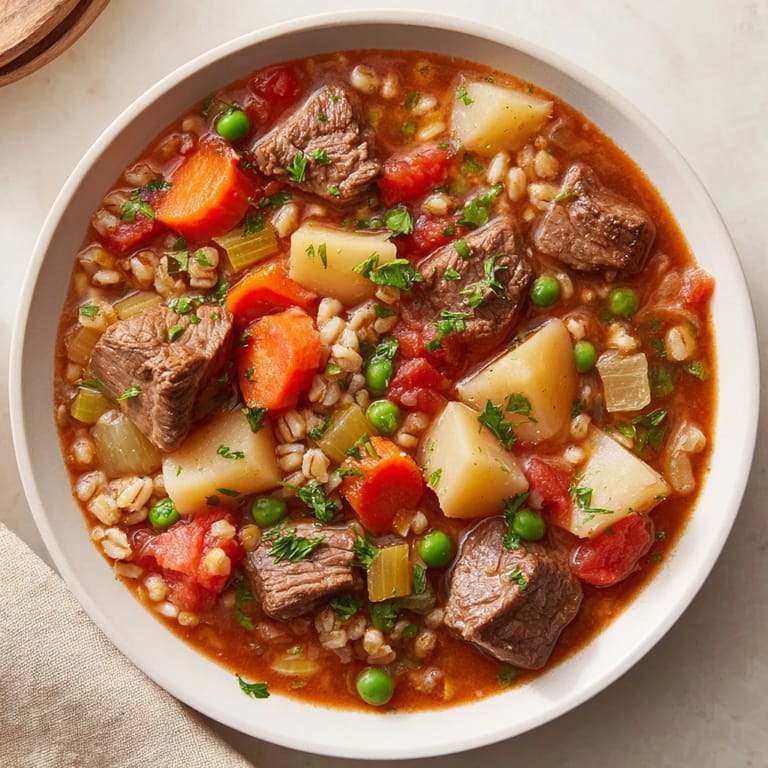 A close-up of a rustic bowl filled with rich One-Pot Hearty Beef and Barley Soup, garnished with fresh parsley.