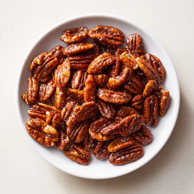 Roasted Simple Garlic-Honey Pecans, showcasing a close-up of the delicious, caramelized nut halves.
