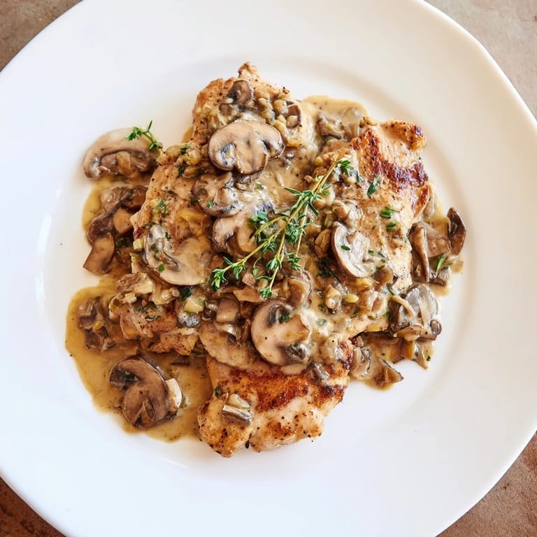 Close-up of skillet-seared chicken breast with savory sauce, ready to serve over mashed potatoes.