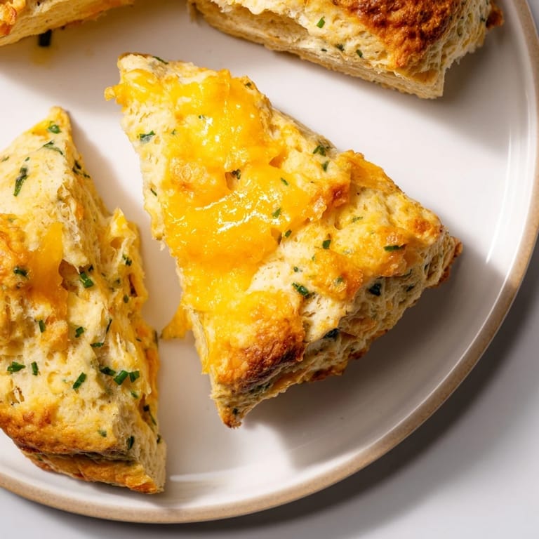 Close-up of savory golden cheddar and chive scones, showing the cheese and herb flecks.