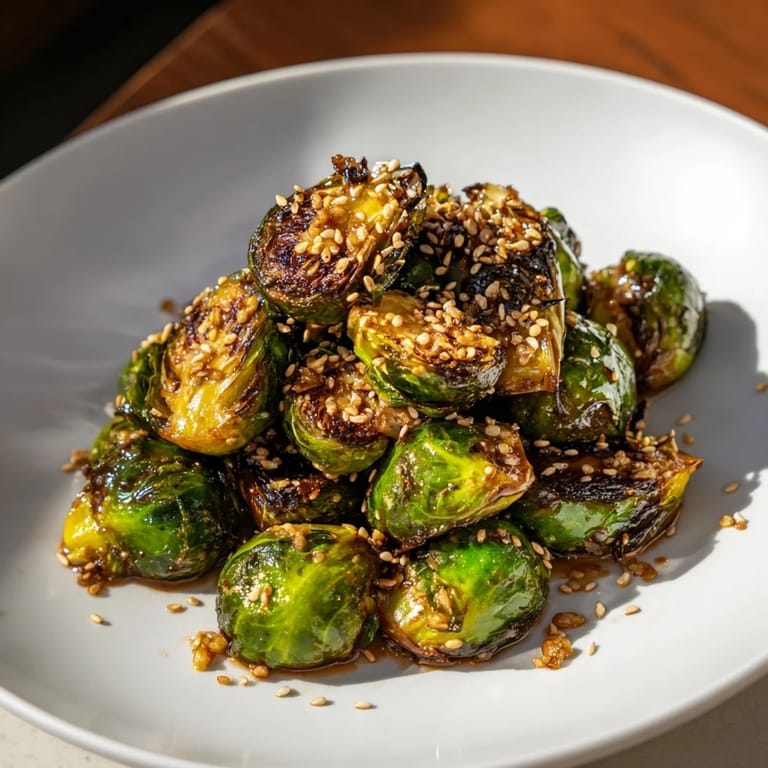 A close-up of sizzling Honey-Soy Glazed Brussels Sprouts, showcasing their caramelized edges and savory aroma.