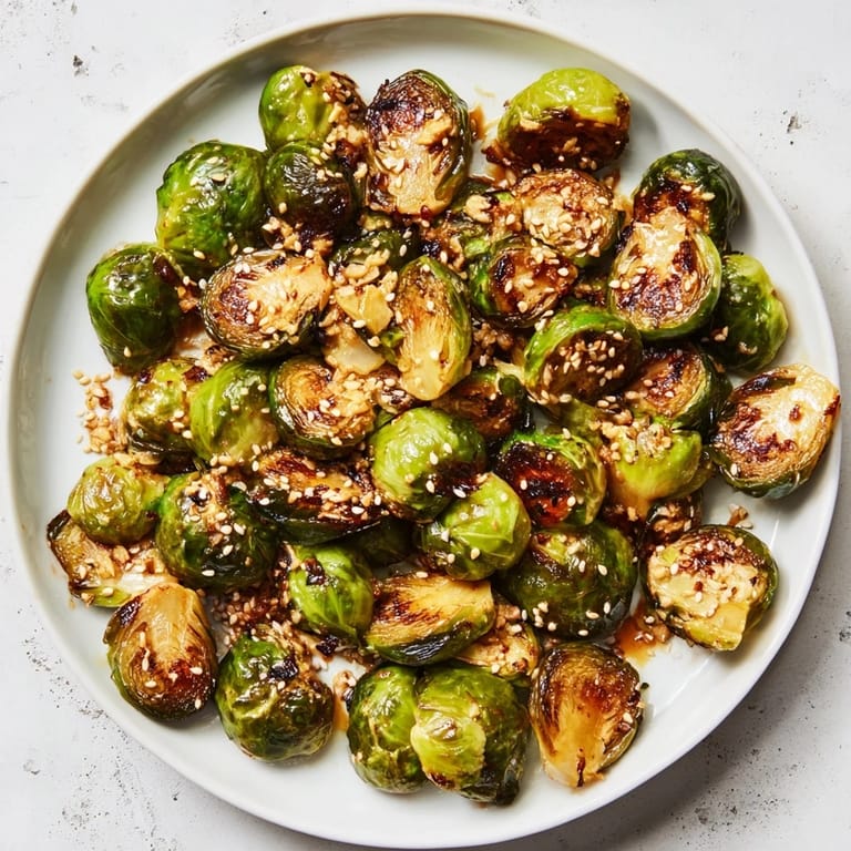 Freshly cooked Honey-Soy Glazed Brussels Sprouts, ready to serve, with a garnish of green onions and red pepper flakes.