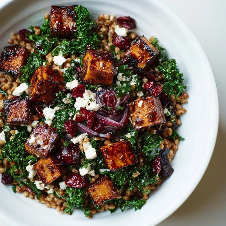 Vibrant Harvest Grain Bowl presentation with glistening pumpkin, fluffy grains, and crumbled feta cheese.