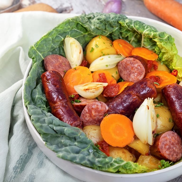 Close-up of All-in-One Pan Sausage and Cabbage Bake, ready to serve with fragrant herbs.