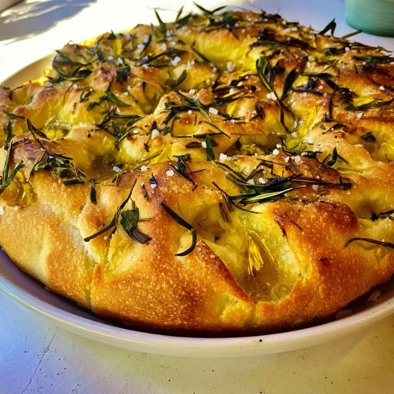Freshly baked focaccia, a golden Italian flatbread with pools of olive oil and herb toppings.