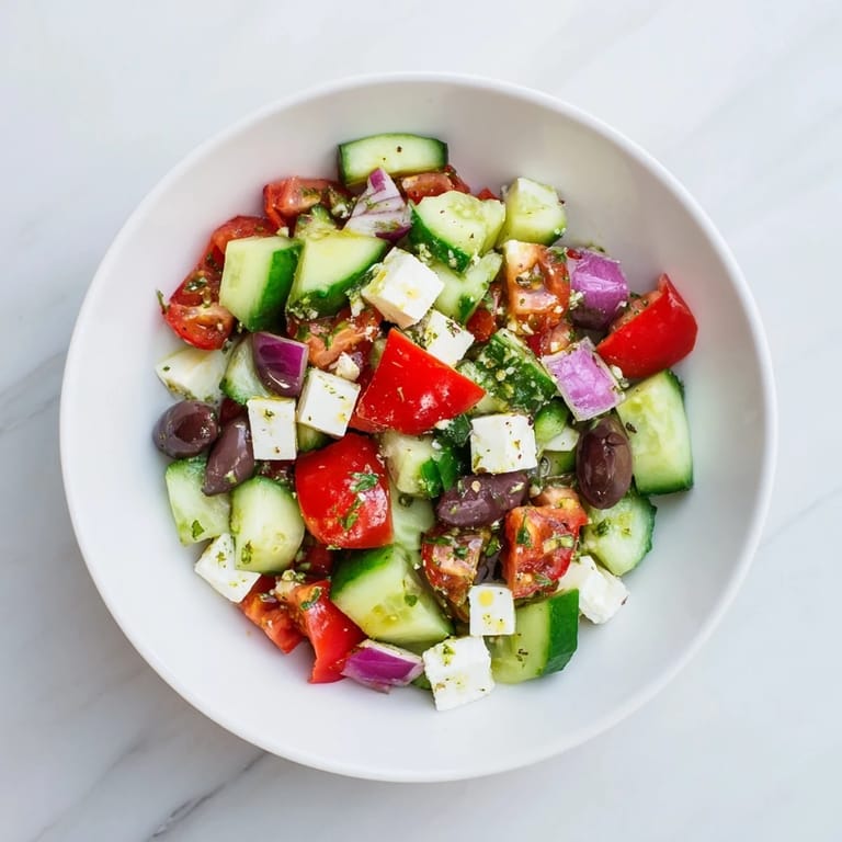 Bright, flavorful photo of Fresh Mediterranean Salad featuring olives, crisp veggies, and a tangy dressing.