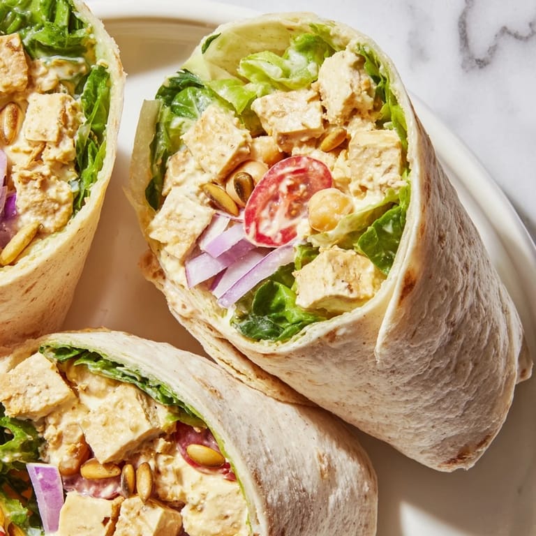 Close-up of a flavorful High-Protein Chicken-less Caesar Wrap, perfect for a quick and healthy lunch.